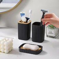 Bathroom Set Soap Dispenser Toothbrush Cup and Bamboo Tray Set Countertop Toiletries Storage Set for Farmhouse Bathroom Decor 5