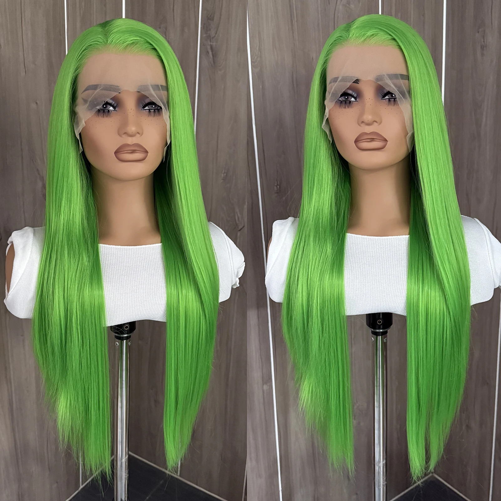 Perruque Synthétique Longue & Lisse Verte – Dentelle Frontale, Effet Naturel !