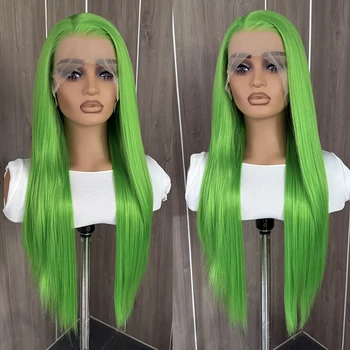 13x4 Green Lace Front Wig Long Silky Straight Synthetic Hair Frontal Lace Wigs for Women Natural Hairline Daily Wear Cosplay Wig