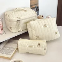 Quilted Embroidery Women's Cosmetic Bag Soft Cotton Fabric Ladies Make Up Case Storage Handbags College Girls Stationery Bags 1