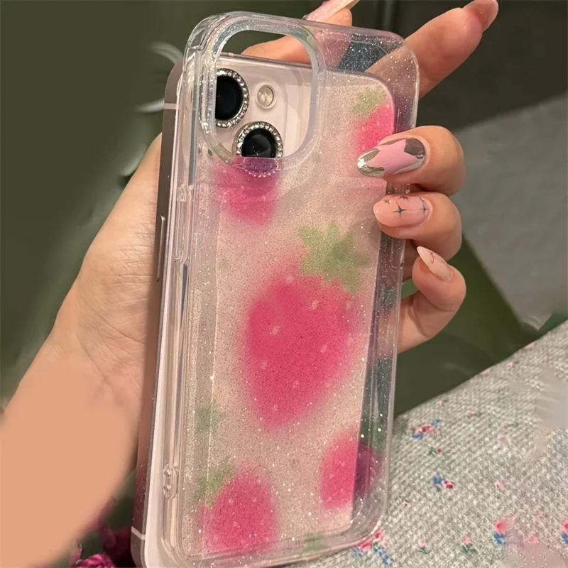 Cute Glitter Strawberry Clear Phone Case - Lovely Bowknot Soft Cover