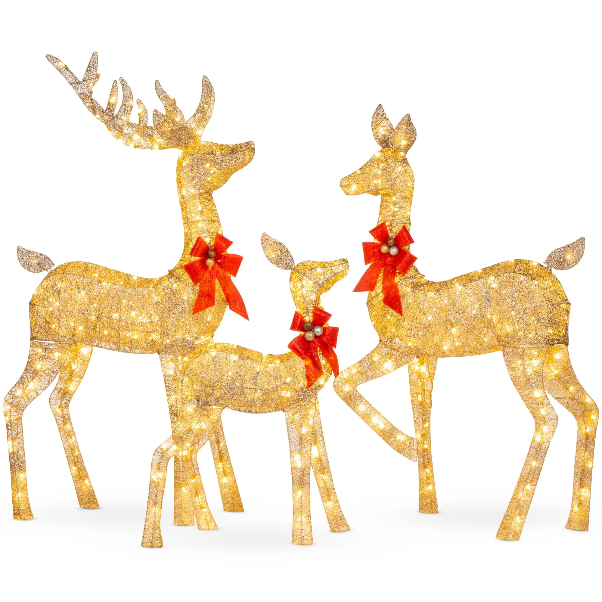 3-Piece Large Lighted Christmas Deer Family Set 5Ft Outdoor Yard Decoration with 360 LED Lights, Stakes, Zip Ties-Gold