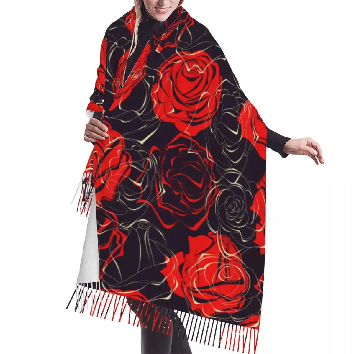 

Autumn Winter Warm Scarves Red Roses Over Dark Background Fashion Shawl Tassel Scarves Wrap Neck Headband Hijabs Stole