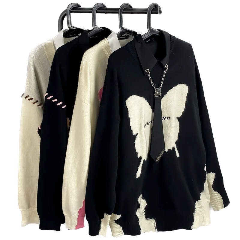 American Retro Color Contrast Patchwork Butterfly Sweater Male And Female Trendy Brand Street Style Niche Couple's Tops Knitwear