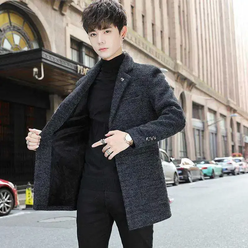 Autumn Winter Men's Woolen Jacket Korean Style Trendy Cropped Lapel Jacket Thickened Small Windbreaker For Cold Weather