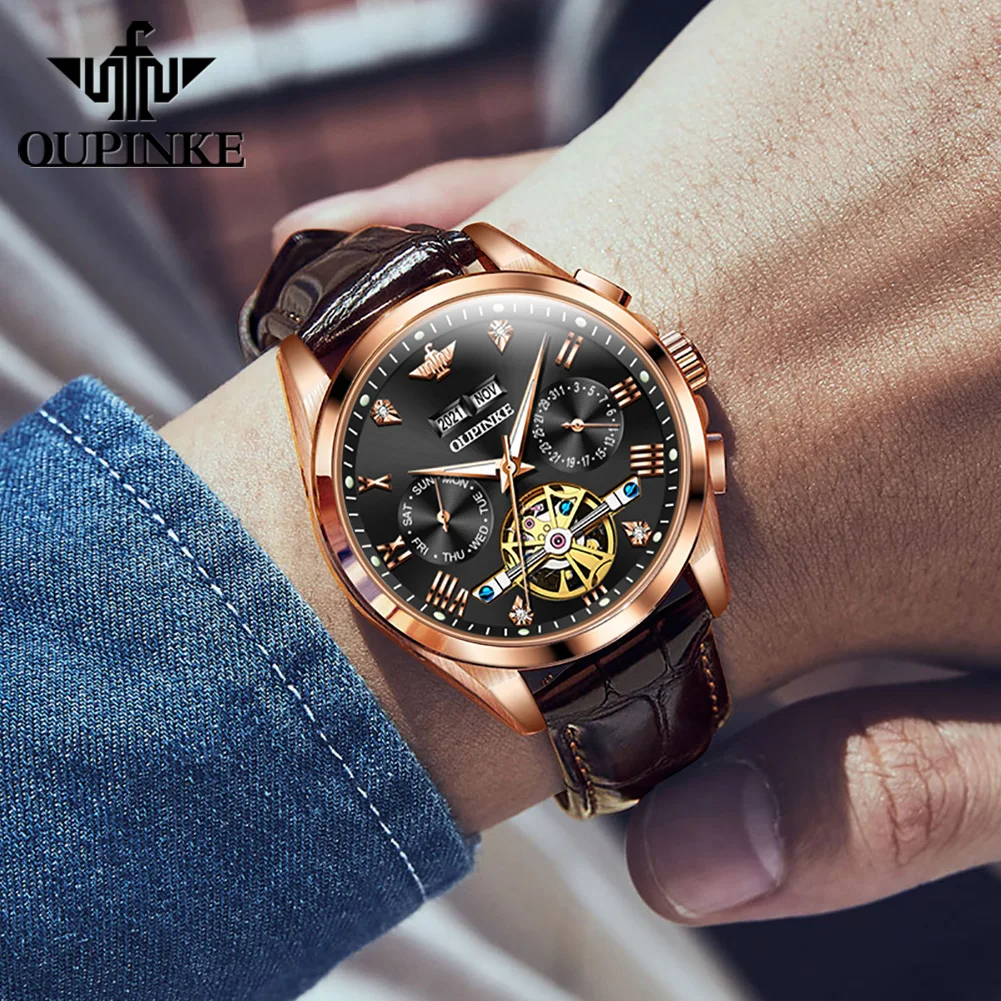 OUPINKE Flywheel Watch for Men Dual Calendar Chronograph Waterproof Leather Strap Sapphire Mirror Automatic Watch for Man