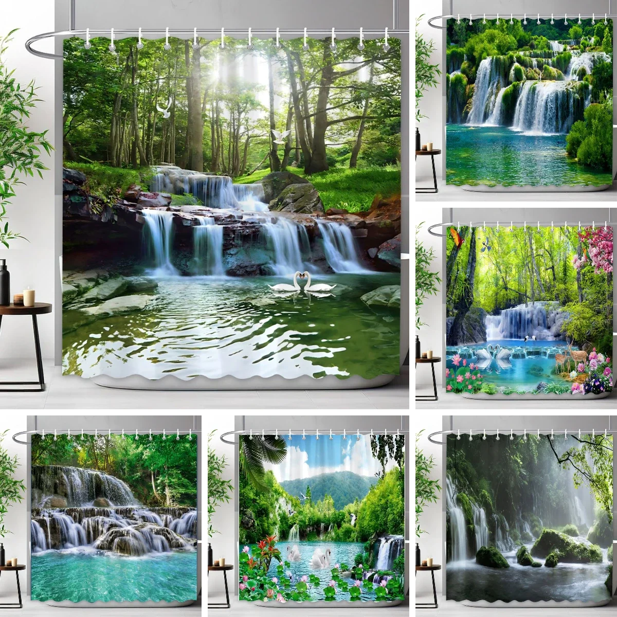 

Занавеска для душа с изображением леса и водопада