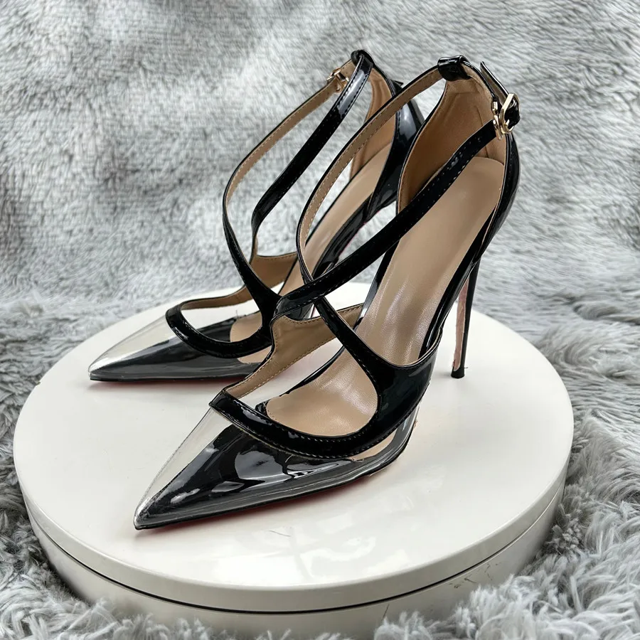 Transparent pvc Patchwork Summer Women Slingback High Heel Shoes Pointy Toe Stiletto Pumps 8cm 10cm 12cm