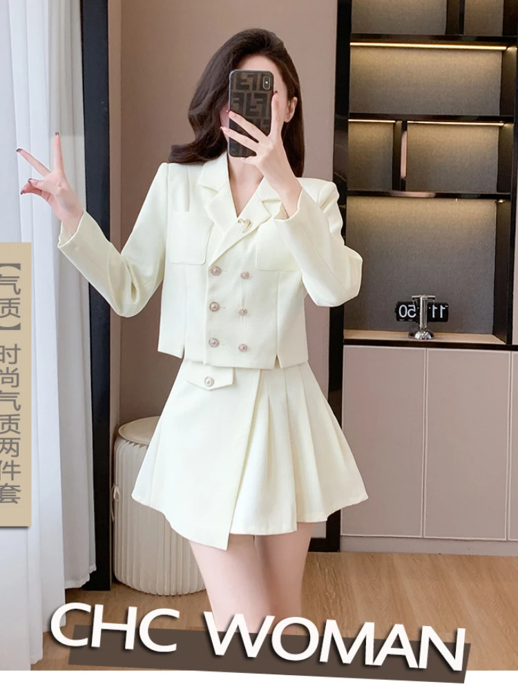 Temperament Small Fragrant Short Skirt Long Sleeve Coat Female High-grade Fashion Western Style Aging Double-breasted Dress