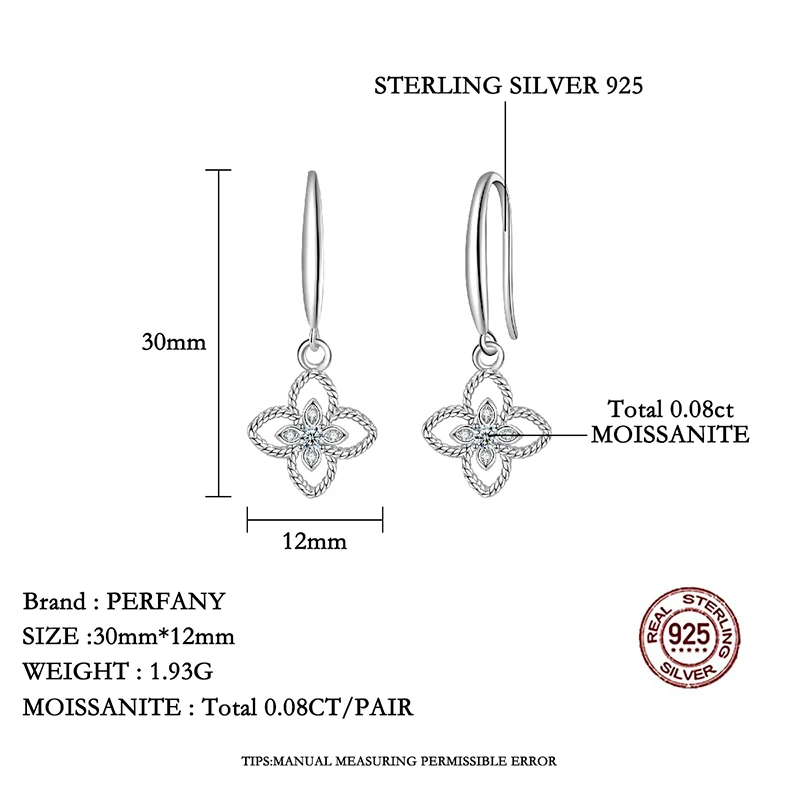 PERFANY 0.08CT Moissanite Clover Drop Earring Women S925 Pure Silver Laboratory Cultivate Diamond Fashion Wedding Jewelry ﻿