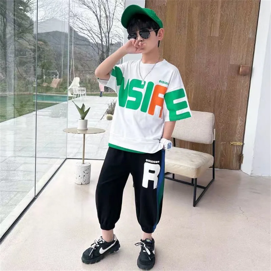 

Kids Boys clothes summer outfits Cotton Teenage Boys Clothing casual Suit Children Short Sleeve Shirt pant Set 4 6 8 12 Years
