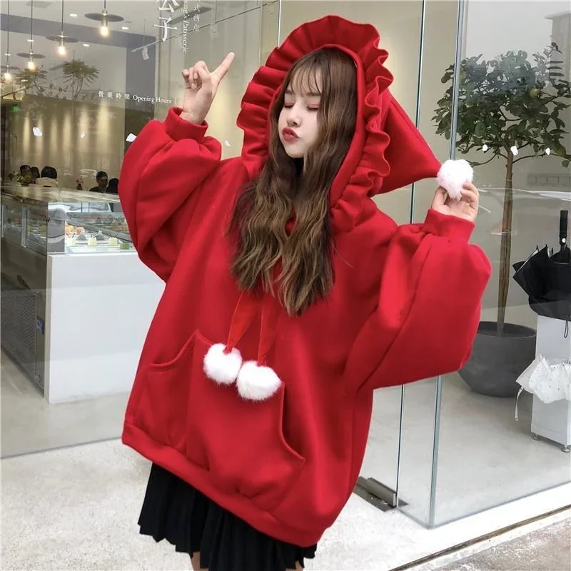 kawaii tops 2022 Women Harajuku Japanese Girl Christmas Hoodies Autumn Winter Pullover Loose Red Yellow Cute Y2k Coat Fashion