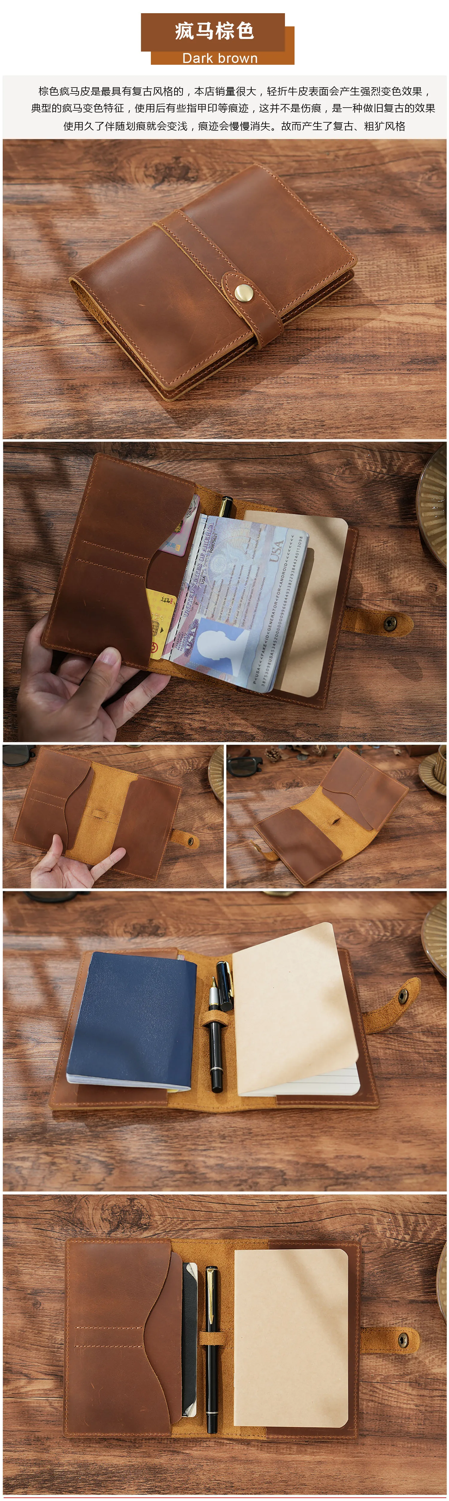 Vintage-Reisetagebuch aus echtem Vollnarbenleder – 16 x 11,5 x 2 cm großes Notizbuch, Reisepasshülle, Schreibtagebuch für Outdoor-Abenteuer – Detail 9