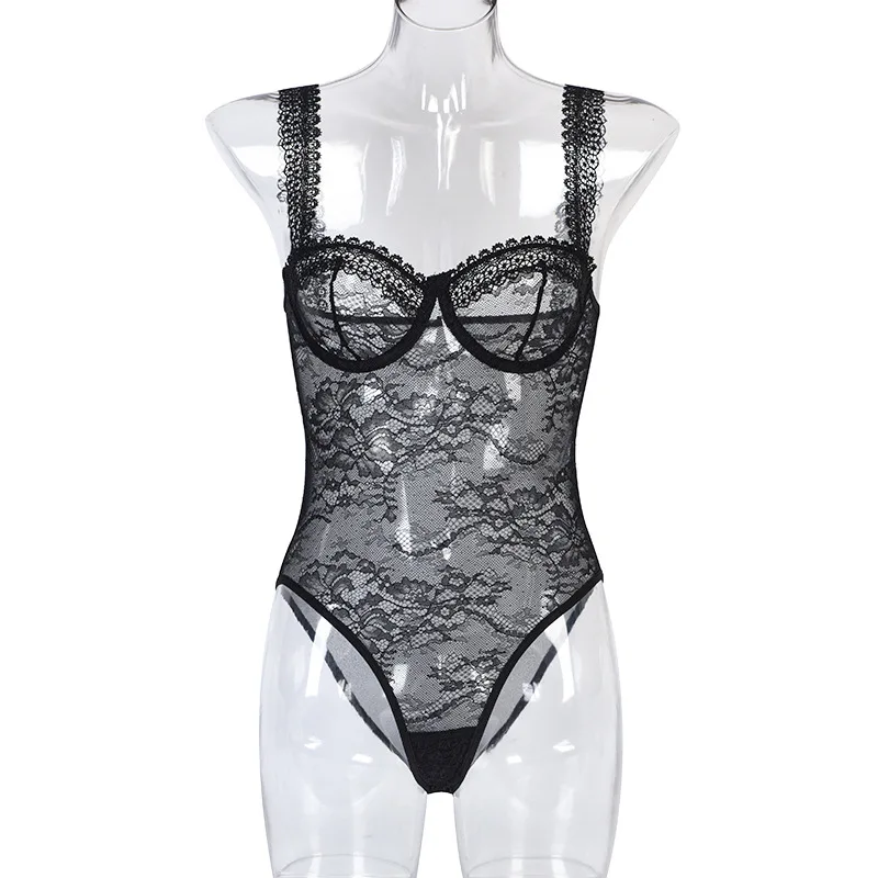 Sheer Lace Bodysuit Women Floral Embroidery See-Through Teddy Lingerie One Piece Body Transparente de Encaje con Flores