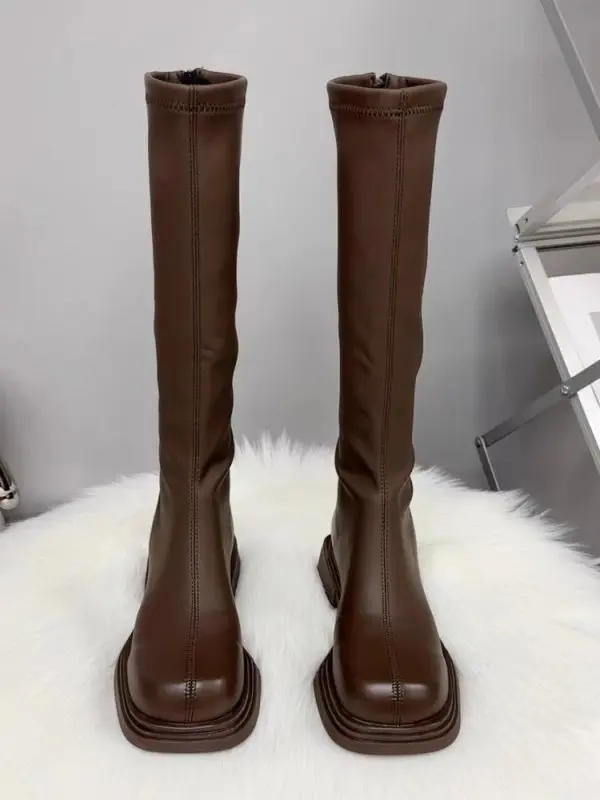 Heel Lady Boots Round Toe Women's Shoes Platform Women Zipper Over-the-Knee Clogs Rubber Autumn Basic Solid Retro Fashion New 40