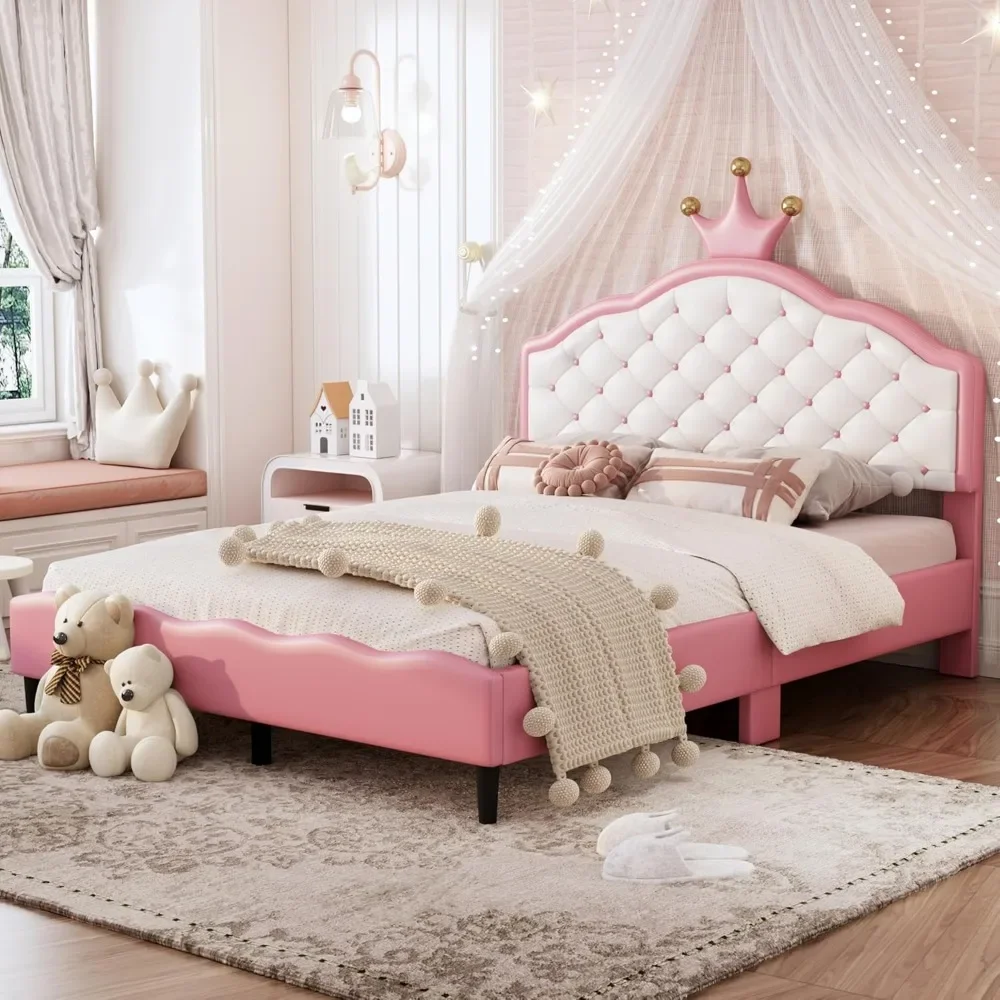 Full Size Bed Frame with CrownTufted Headboard, No Box Spring Needed, Upholstered Princess Bed Frame 3
