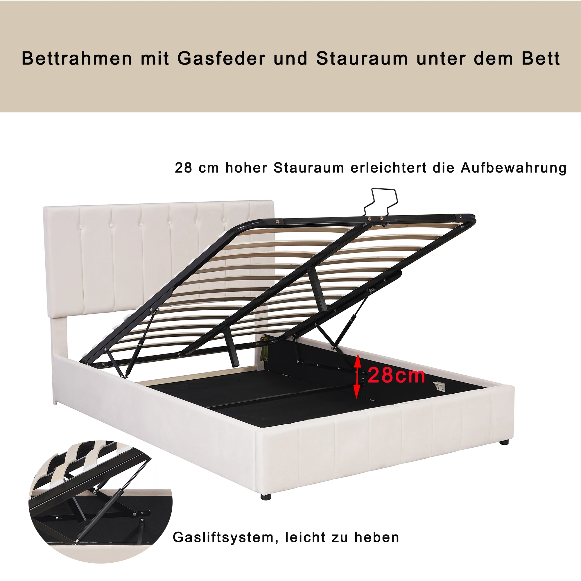 Polsterbett 140*200, Doppelbett mit hydraulisch anhebbarem Stauraum, höhenverstellbares Polsterkopfteil – Detail 10