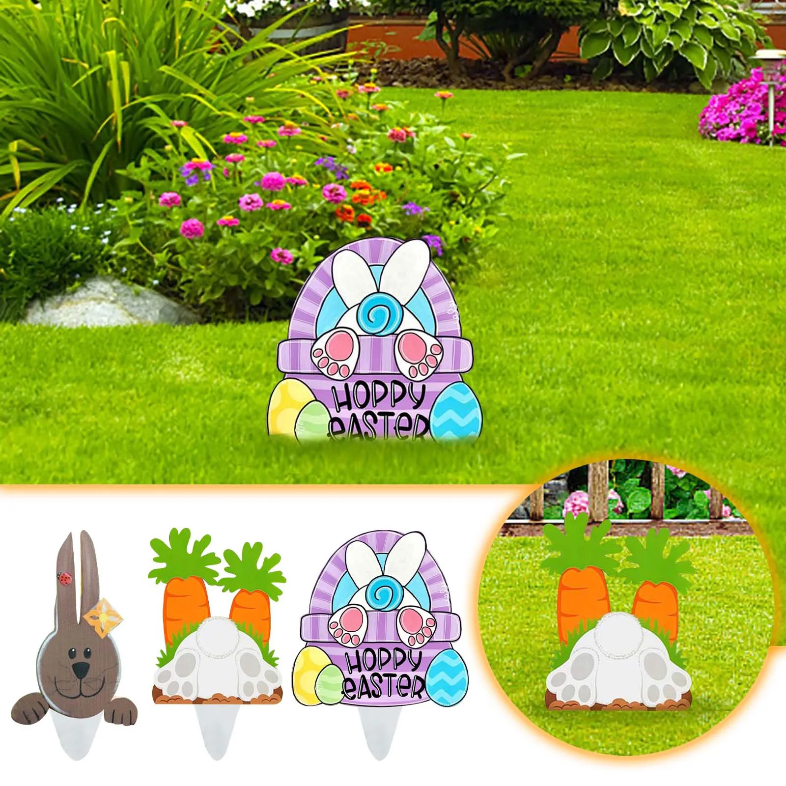 

Garden Easter Outdoor Decorations With Cute Animal Garden Logo for Yard Party Supplies Wooden Stakes event decor plugs 17in