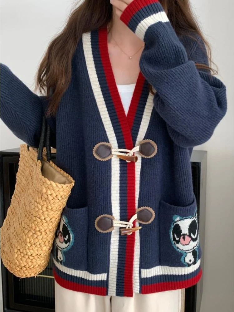 

Sweaters for Women 2023 Autumn Winter Fashion Colorblock Knitted Cardigan Casual Loose V-neck Women's Sweater Coat Office Lady