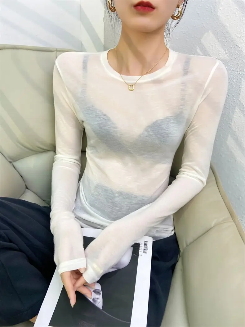 2026 Sexy Shirt Damen T-Shirt Koreanischer Stil Slim Basic Elastizität T-Shirt Top Damenbekleidung T-Shirt Dünnes T-Shirt durchsichtig – Detail 8