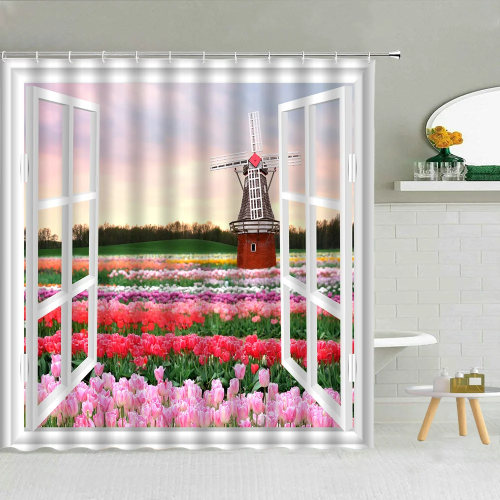 

Window Outside Floral Scenery Shower Curtain Blue Sky Plant Flowers Garden Bathroom Waterproof Bath Curtains With Hooks Screen