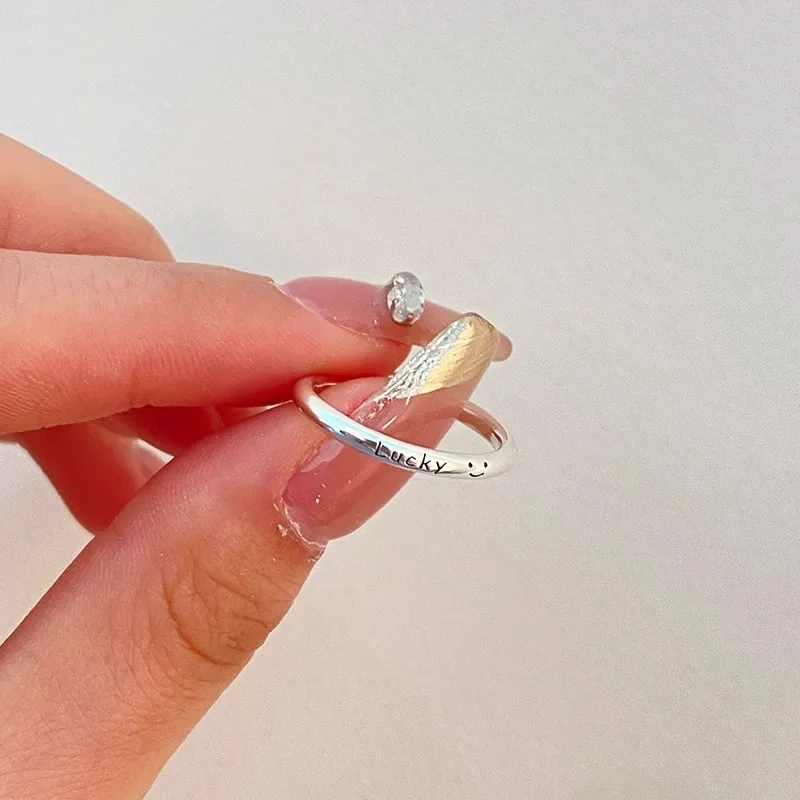 

925 Silver Simple Lucky Smiling Face Letter Opening Adjustable Rings for Women Fine Jewelry Minimalist Accessories
