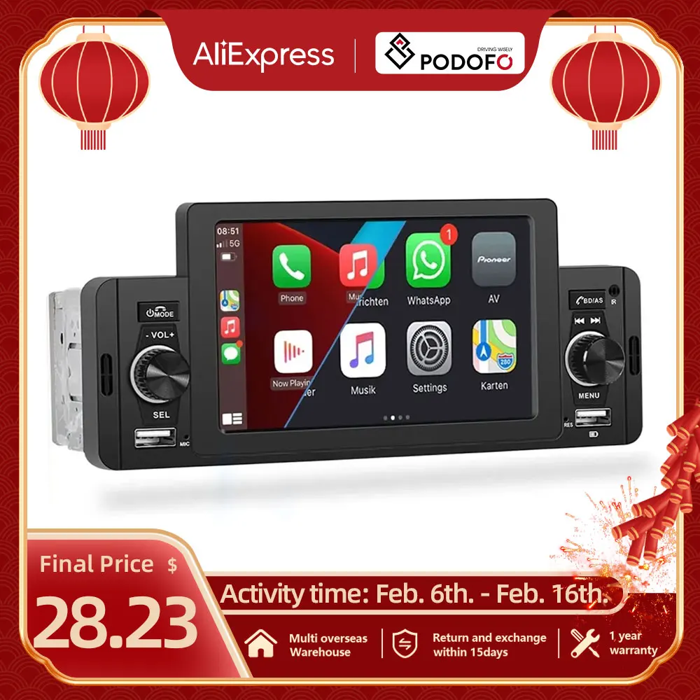 Podofo 5 ''Autoradio 1Din Carplay Android Auto Multimedia Player Bluetooth Mirrorlink Ricevitore Fm Per Volkswagen Nissan Toyota