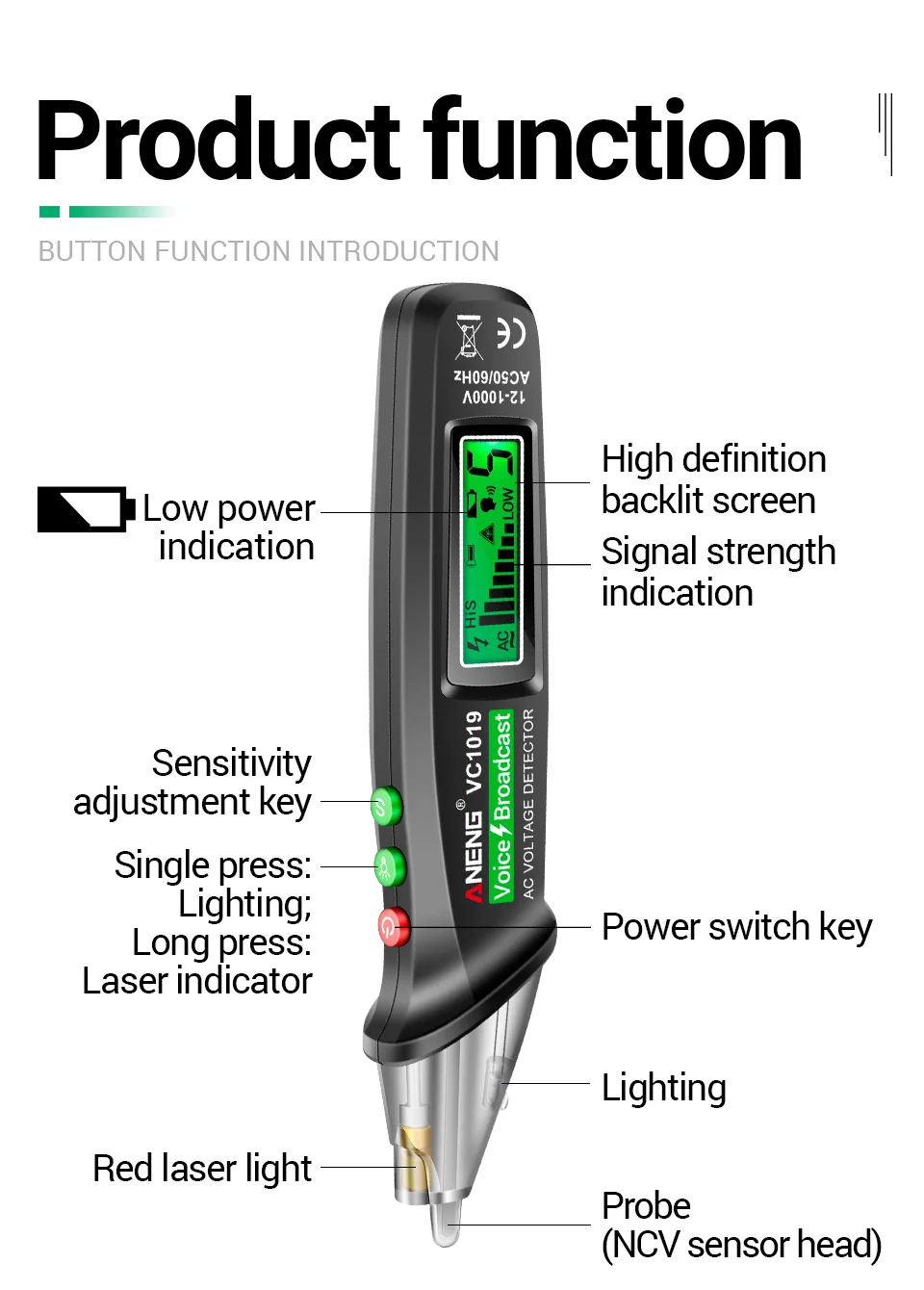 Tester Stift Berührungsloser Sprachübertragungsdetektor Messgerät ANENG VC1019 Leistungsschalter Finder 12-1000V NCV Spannungssteigungsprüfer – Detail 10