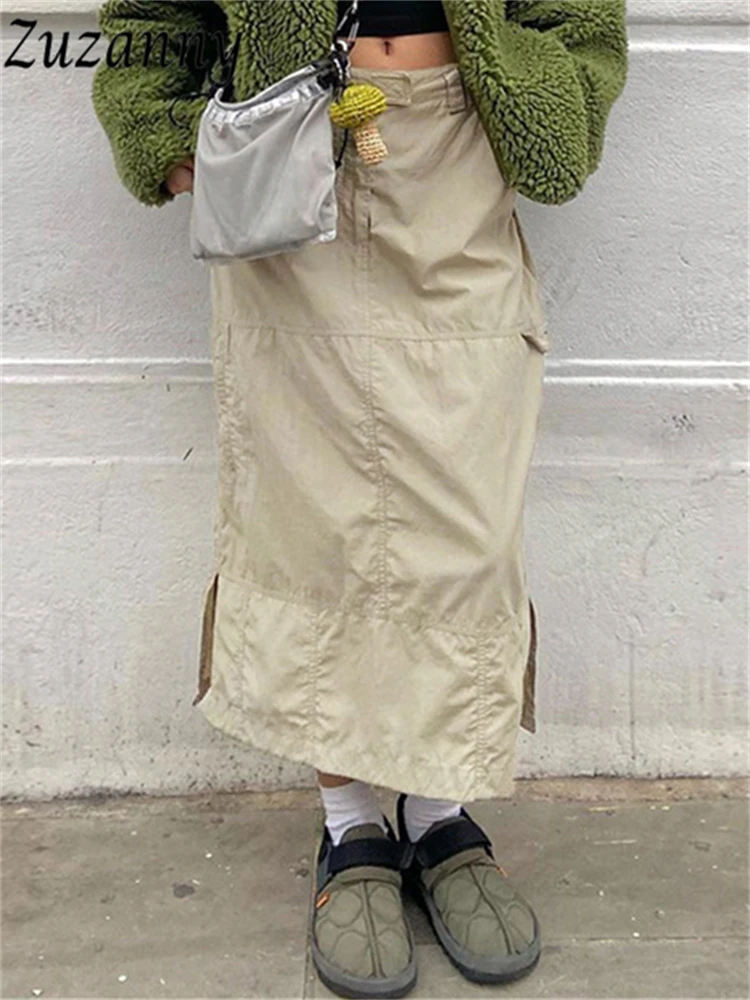 Zuzanny Khaki Cargo Long Skirts Women Retro Baggy Skirt 2022 Autumn