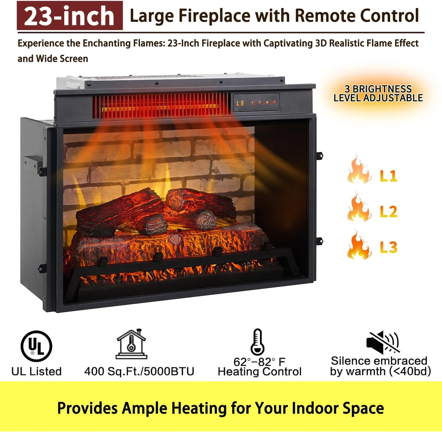 42" Fireplace TV Stand with 23'' Freestanding Electric Fireplace Heater, Remote Control, Adjustable 3D Realistic Flame Level 4