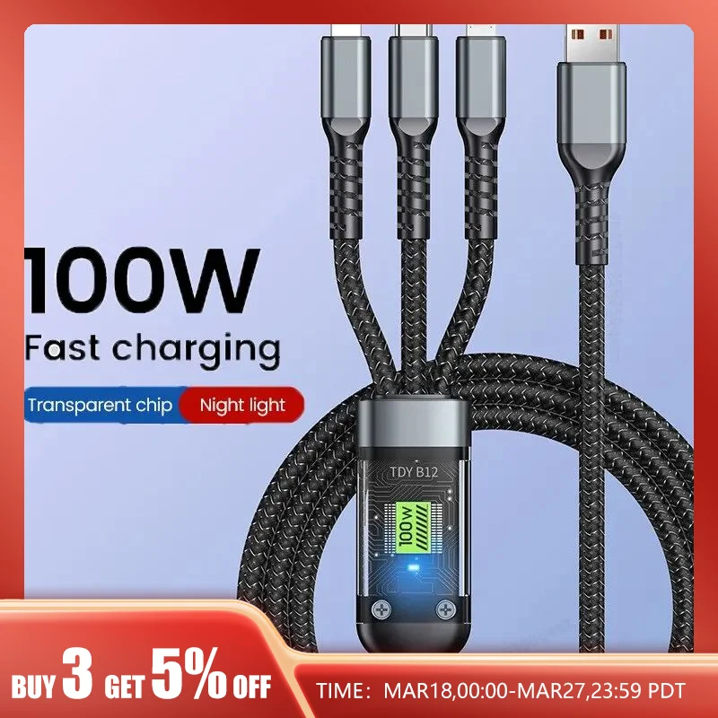 3 ב 1 100w טעינה שקוף מהיר סוג כבל USB USB מיקרו עבור iSamsung huawei xiaomi xiaomi xiaomi