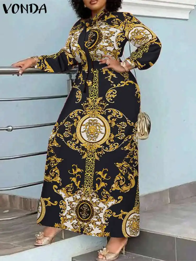 

VONDA Women Long Maxi Dress 2024 Summer Printed Party Sundress Sexy Stand Collar Vestidos Casual Holiday Belted Robe Femme