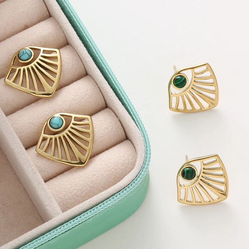 Bohemian Women Stainless Steel Fan-shaped Natural Stone Earrings Funky Stud Earrings Lady Noble Ear Accesoory Gold Color