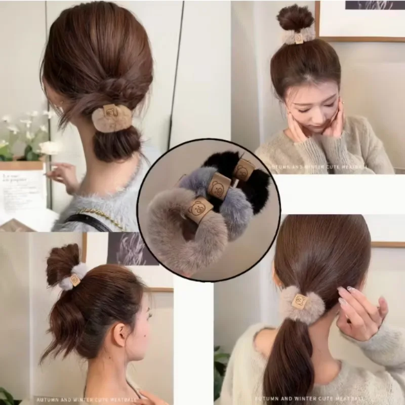 3pcs Plush Bear Hair Ties High Elasticity Soft Durable Scrunchie for Ponytails Buns Vintage Black Autumn Winter Cute Design