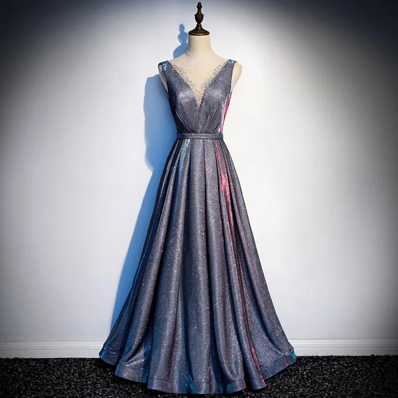 

New Arrival Evening Gown V neck Beads Sequined Long Evening Dress Party Elegant Vestido De Festa Sleeveless Prom dresses