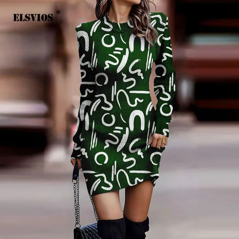 

Fashionable 2023 New Elegant Pretty Womens Dresses Round Neck Long Sleeve Graffiti Print Slim Fit Style Commuter Females Dresses