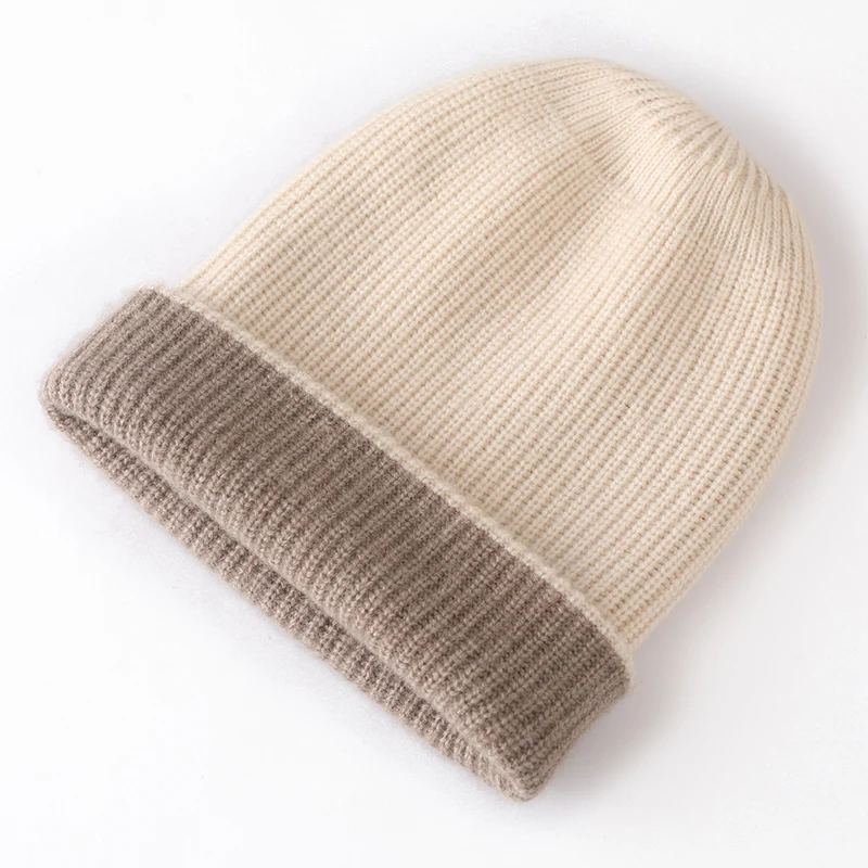 

100%Cashmere Women's Winter Hat Knitted Thick 2Side Wearable Ski Beanies Bonnet Warm Y2K Fashion Pullover Cap Soft Skullies Girl