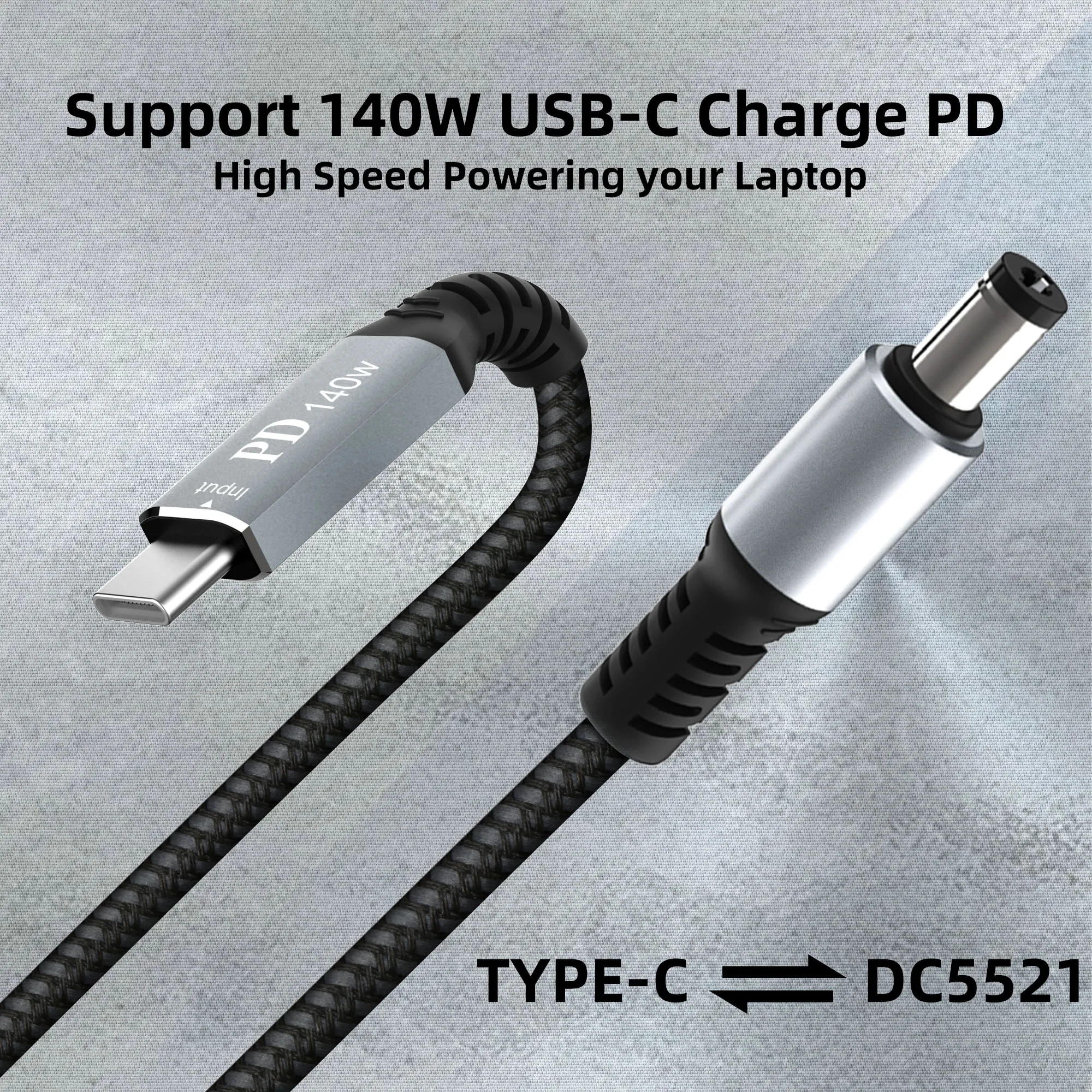 Universal USB-C to DC Power Cord with Aluminum Alloy Design, 5.5mm x 2.1mm Connector