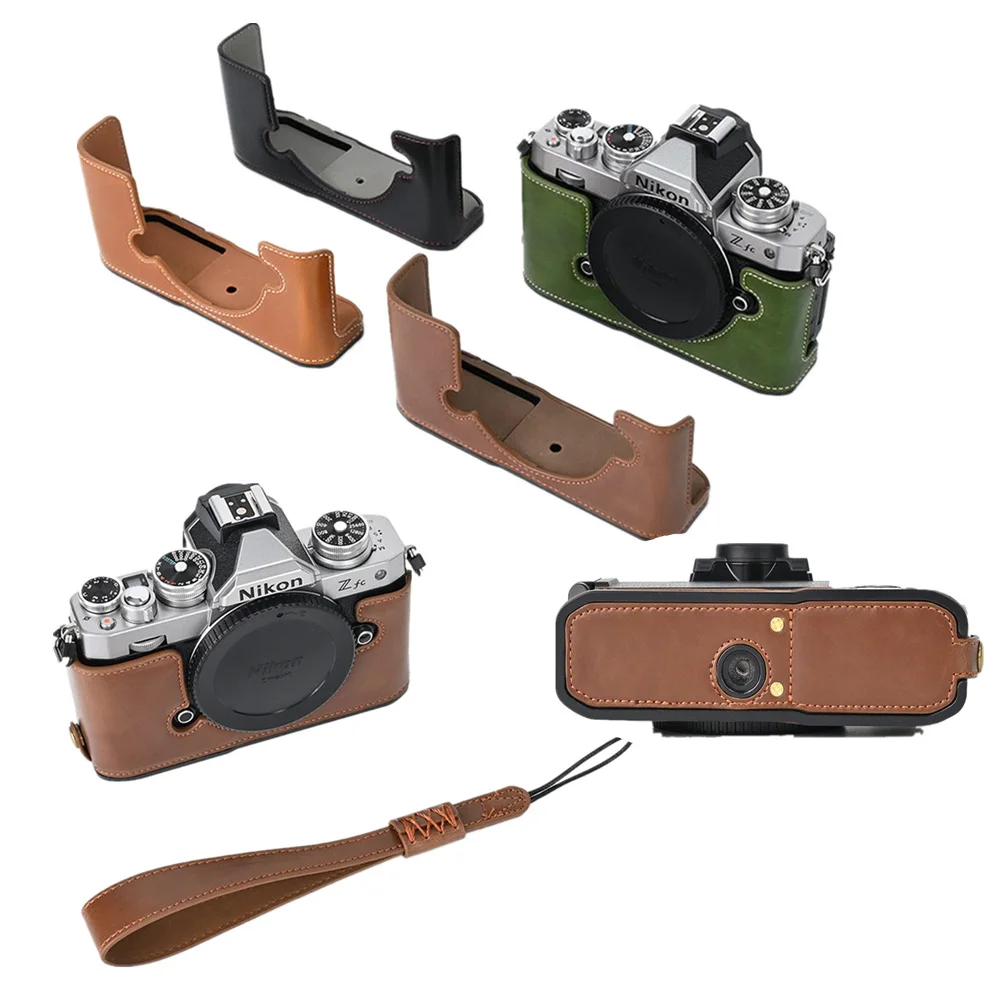 니콘 Zfc ZFC용 오일 스킨 PU 가죽 카메라 하프 케이스 하단 배터리 개방 커버 랜야드 핸드 스트랩 포함