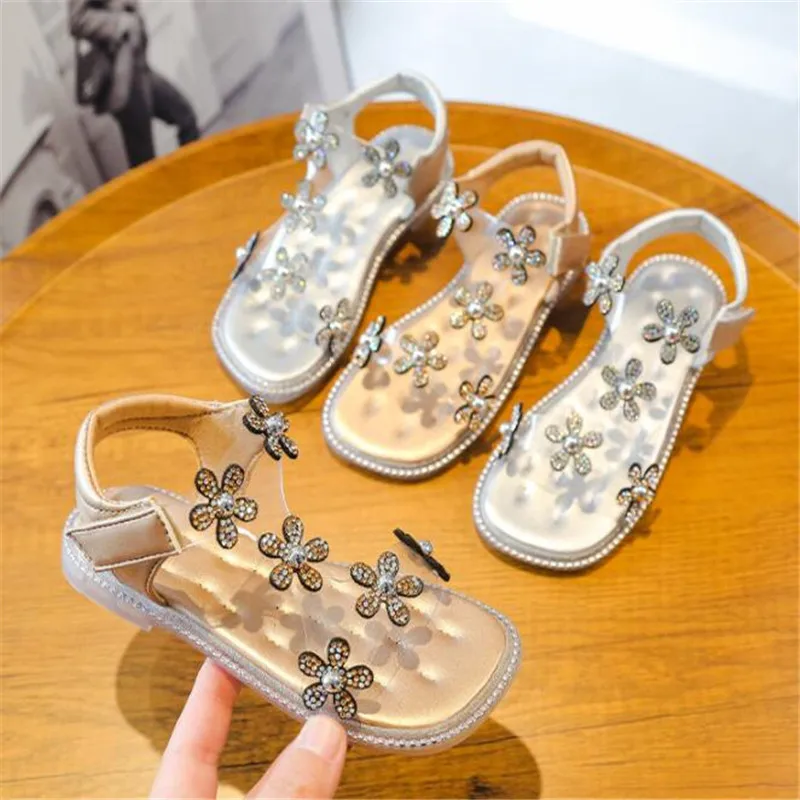 Girls' sandals Little Golden Flower Crystal Princess Shoes New Summer