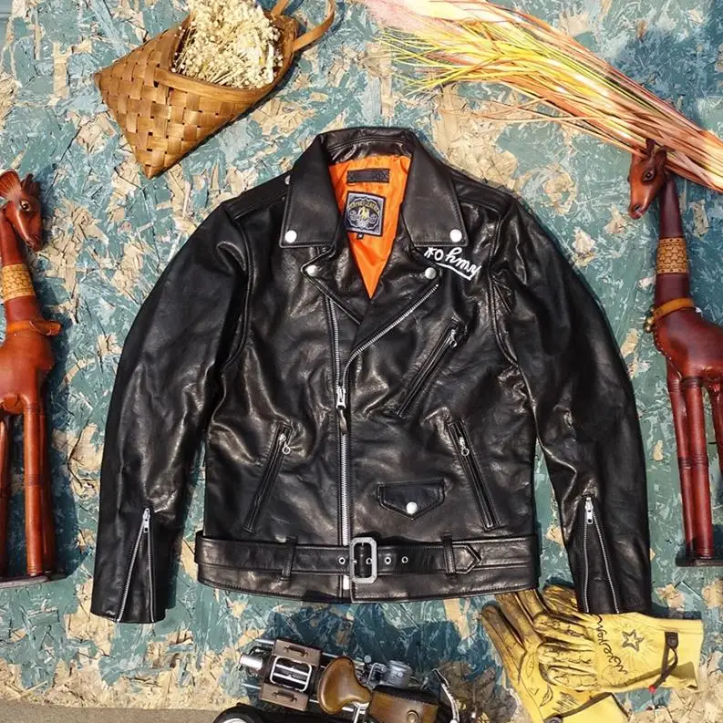 Men Leather Jacket YR!.Classic 613 Motor Rider Style Genuine Leather Jacket Men Tanned Goatskin Coat
