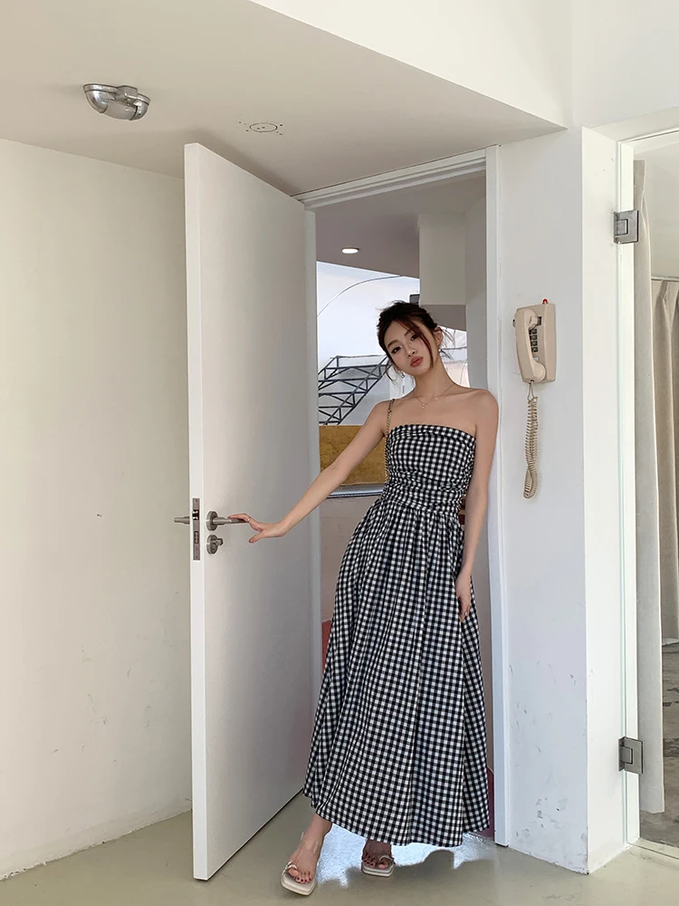 Casual Strapless Midi Dresses for Women Striped Sleeveless A-line Korean Chic Summer New Party Dress Vestidos Mujer