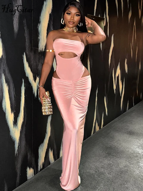 Hugcitar Pink Strapless Hollow Out Sexy Bodysuit Ruched Maxi Skirt