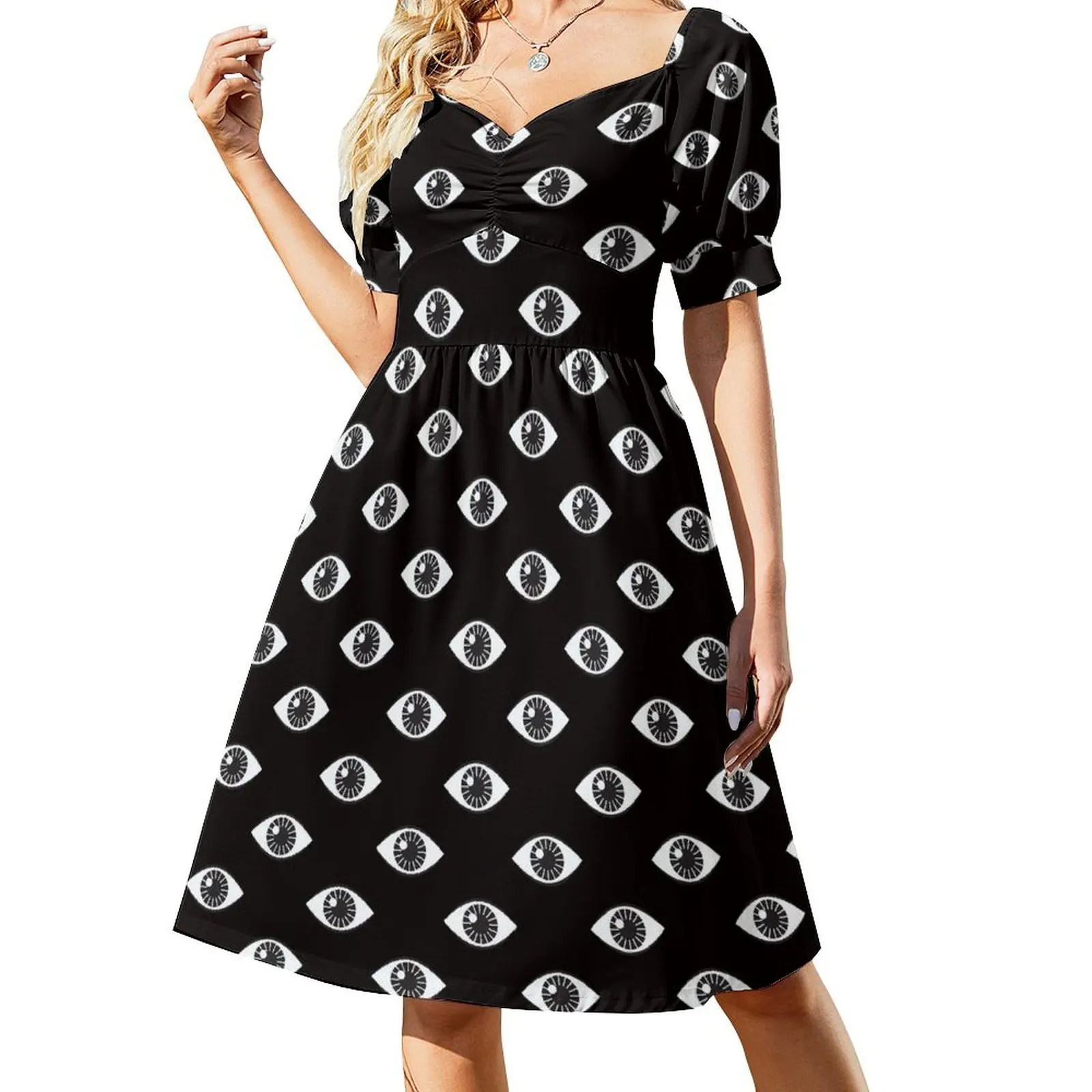 thumbnail image 1 of Ojos bien abiertos - en vestido negro de manga corta ropa de verano para mujer vestidos mujer verano conjuntos de playa para mujer Vestido, 1 of 7