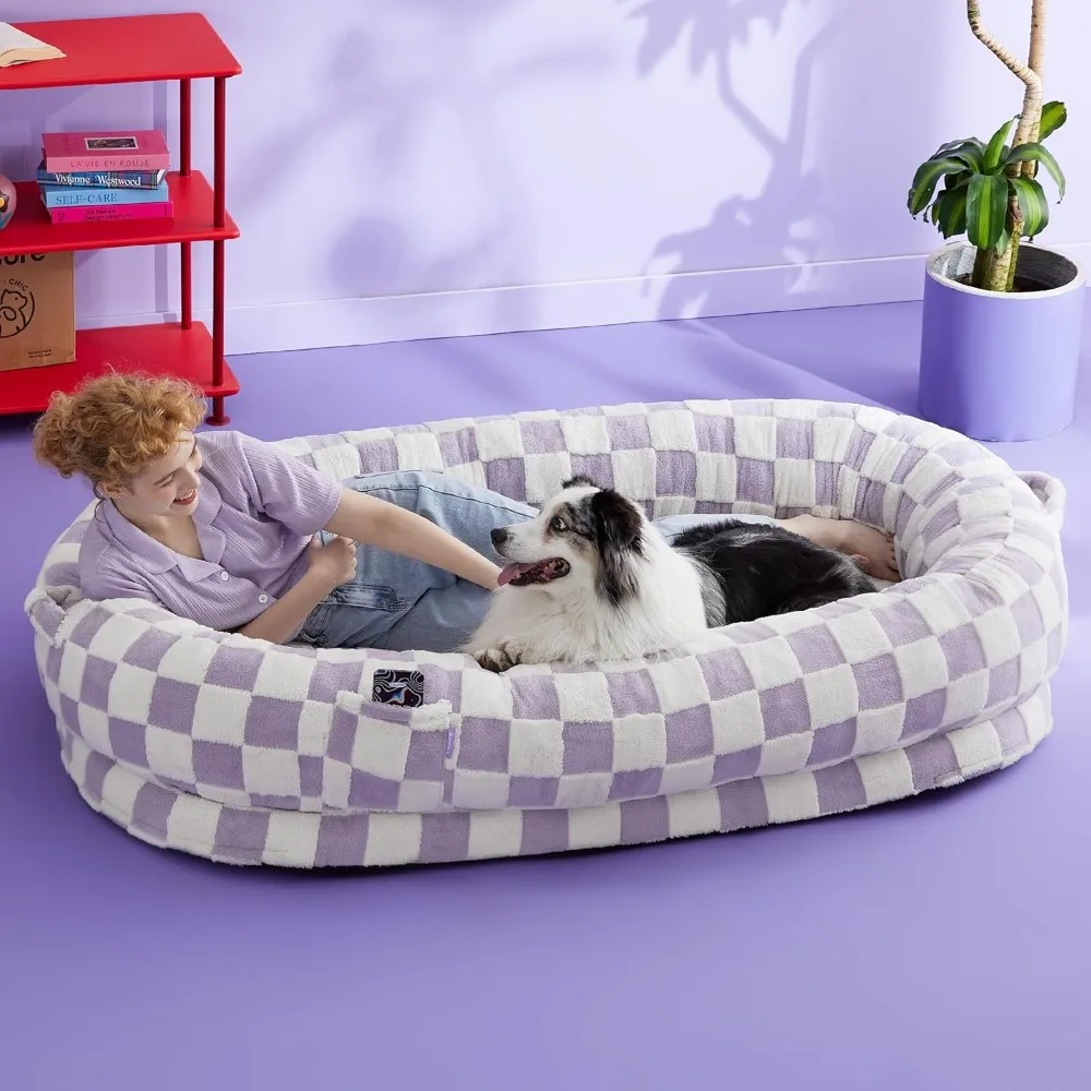 Lesure Human Dog Bed for Adult-Calming Human Size Dog Bed with Egg Foam Supportive Mat and Storage Pocket, Cute Modern Pet