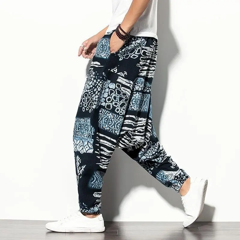 Chinese Styles Linen Cotton Drop Crotch Pants Men Vintage Ethnic Print Streetwear Travel Holiday Club Party Trend Sexy Pantalon
