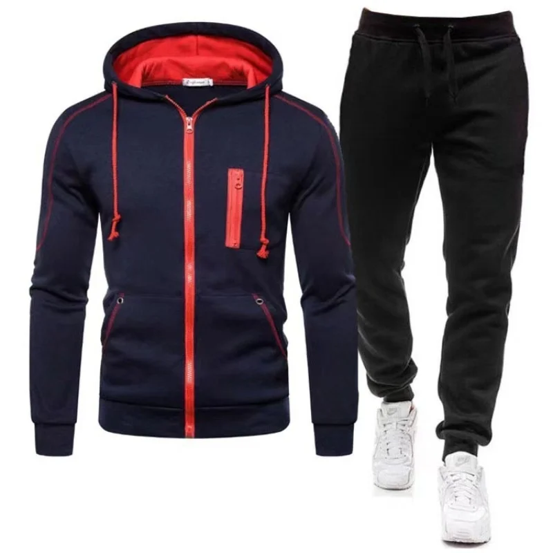 New Spring And Autumn Men's Sports Set Cardigan Zipper Hooded Top Digital Casual Solid Color Men's Pants Set_voghion.com