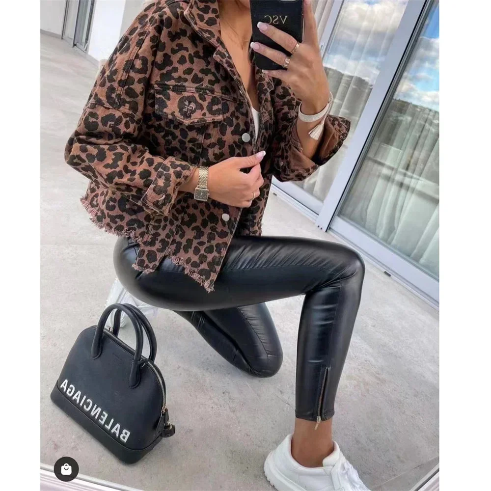 Vintage Jackets for Women 2024 New Leopard Demin Jacket Trendy Loose Long Sleeve Slim Winter Jacket Women Boyfriend Coats