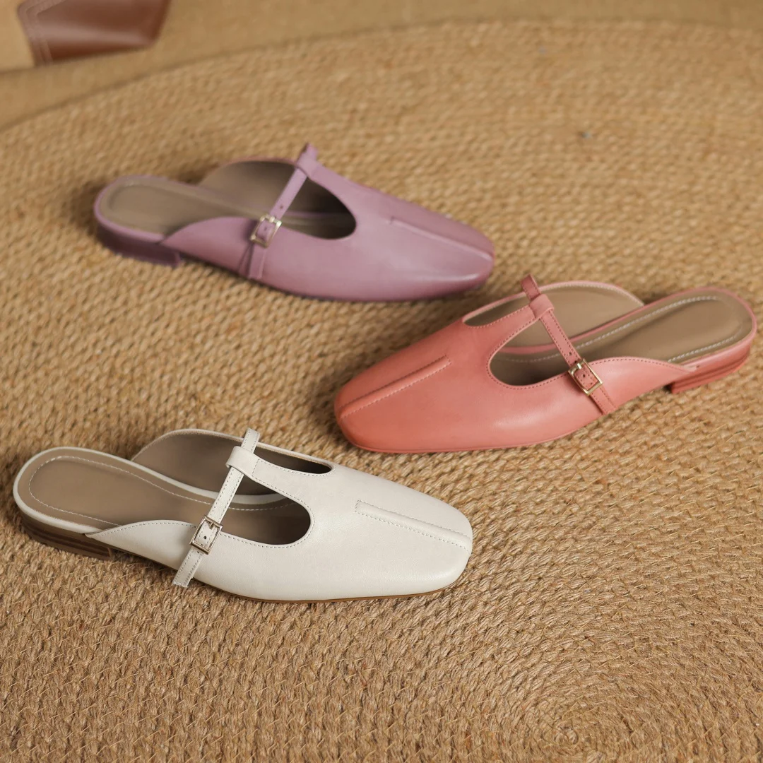 danxuefei plus size 34-41 women's cow leather t-strap slip-on flats summer slides sandals casual female soft comfortable mules