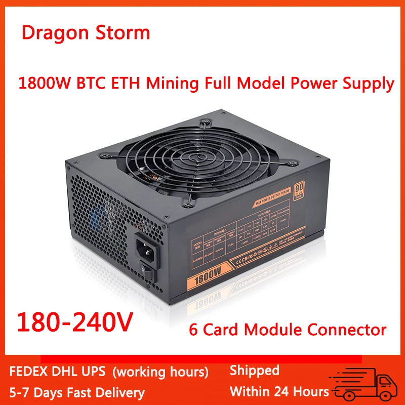 

Original 1800W Mining Full Module 180V-240V Power Supply 6 GPU Ethereum ETC RVN ATX PC psu For BTC Miner Machine